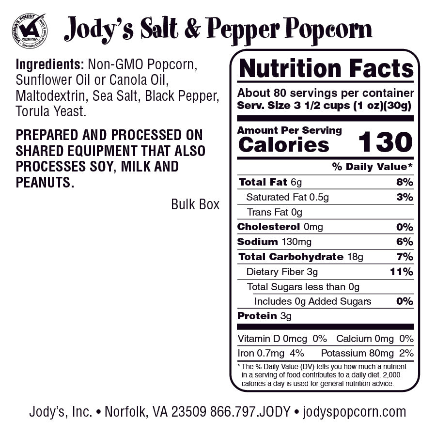 Salt & Pepper Popcorn Bulk Box Jody's Popcorn
