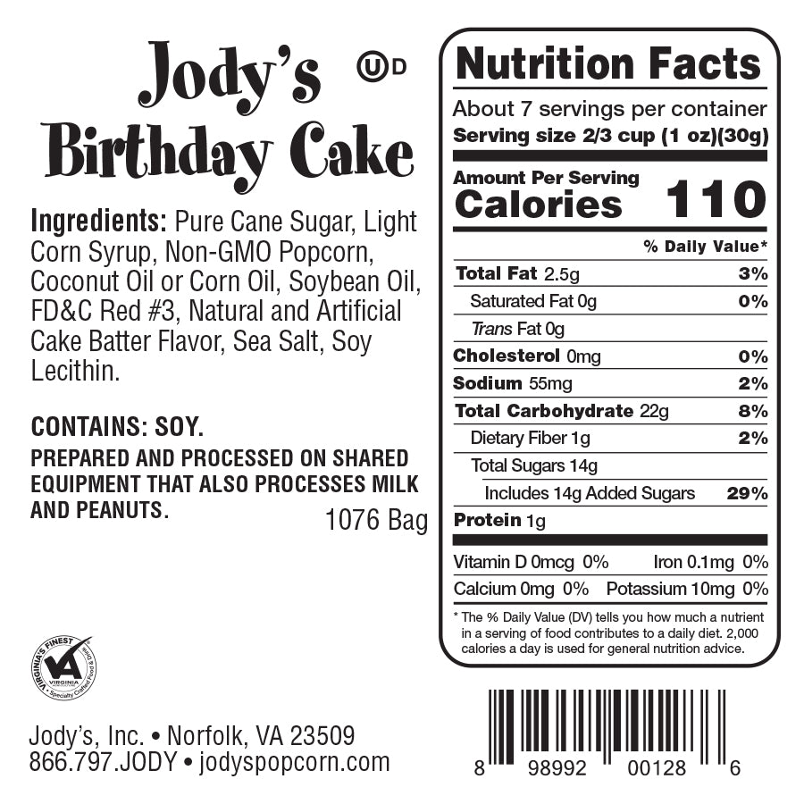 Birthday Cake information label - 12 Count - Jody's Popcorn