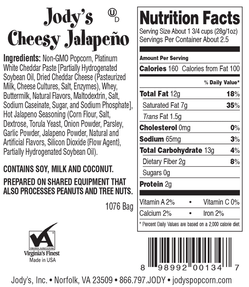 Cheesy Jalapeno information panel - 12 Count - Jody's Popcorn