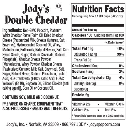 Double Cheddar Nutritional Info - Jody's Popcorn - 107642-bag-1 - Regular Clear Bag