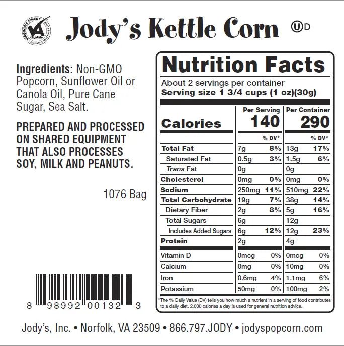 Old Fashioned Kettle Corn nutritional info - Jody's Popcorn