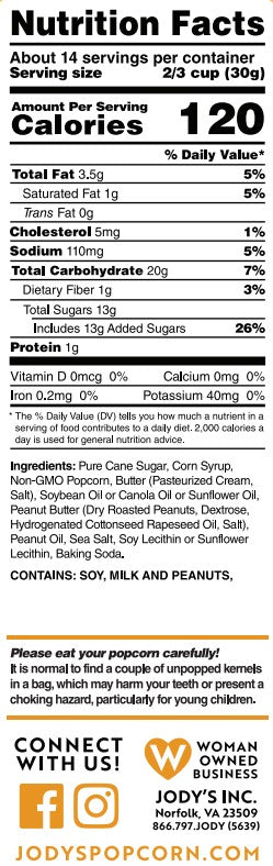 Peanut Butter Nutritional Info- Jody's Popcorn