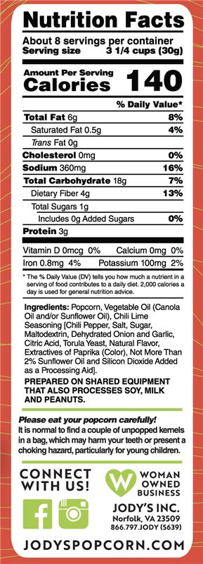 Simply Thin Chili Lime Nutritional Info - 8 pack - Jody's Popcorn