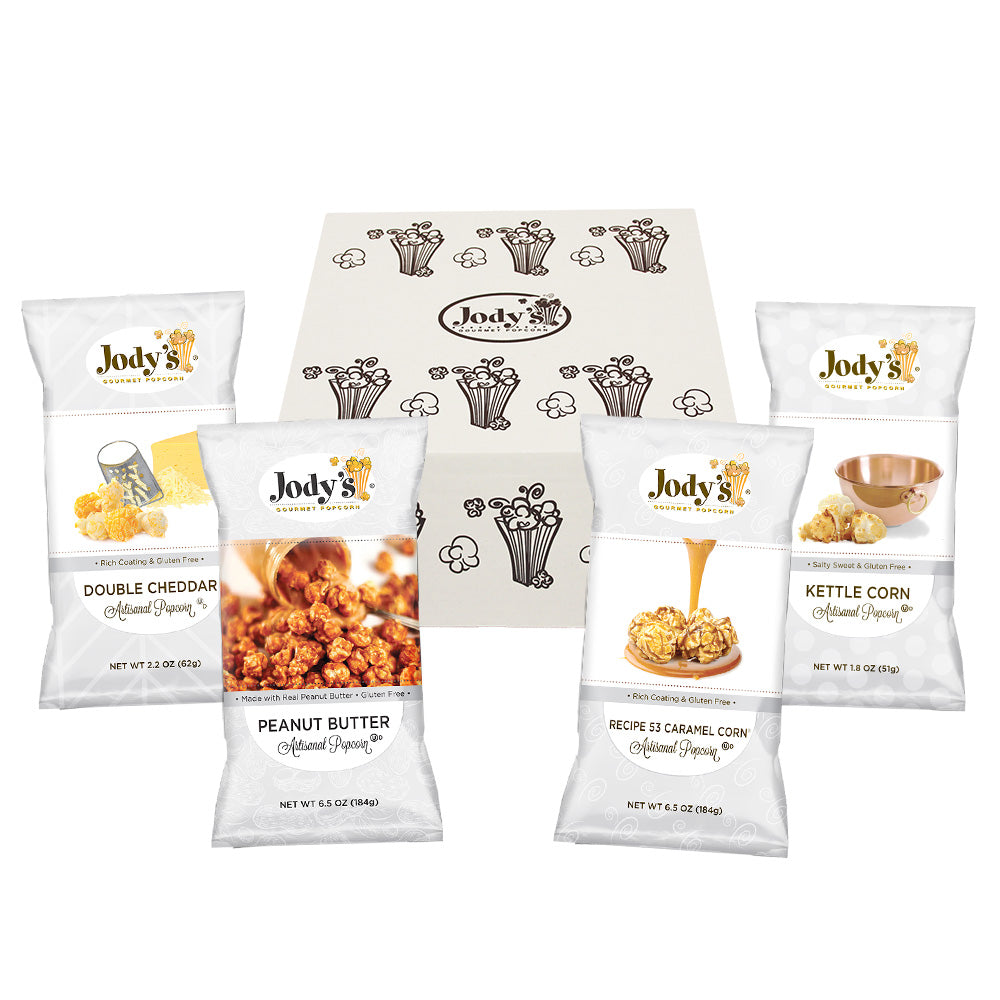 Caramel Corn, Double Cheddar, Peanut Butter & Kettle Corn Mailer Jodys Popcorn