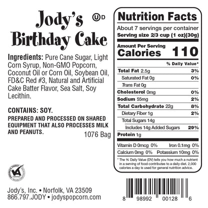 Birthday Cake information label - 12 Count - Jody's Popcorn