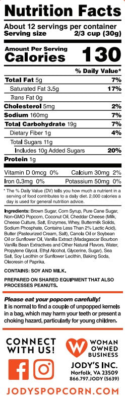 Cheddar & Caramel Mix Nutritional Info - Jody's Popcorn