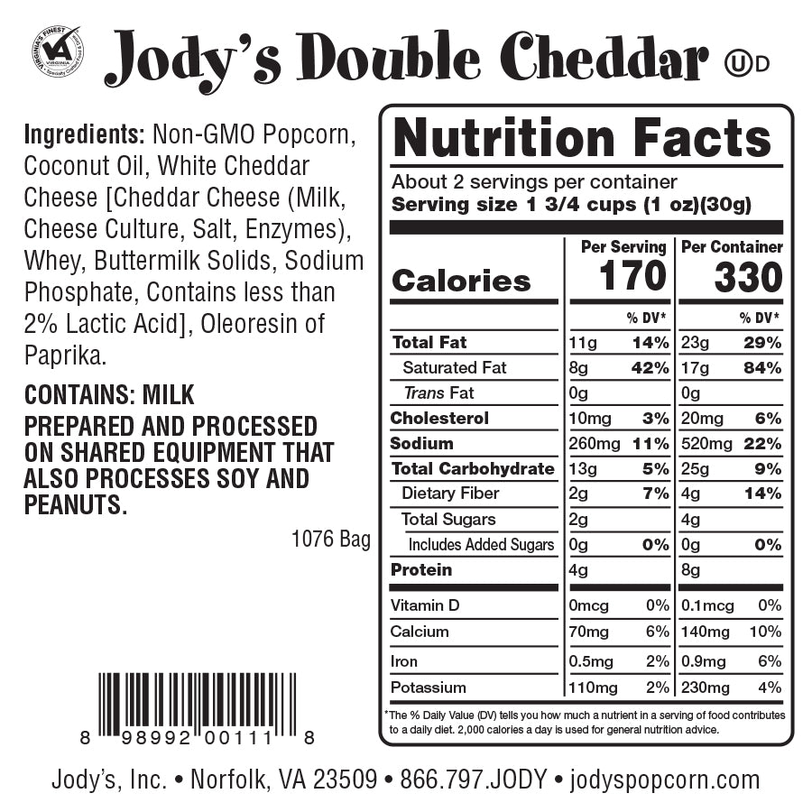 Double Cheddar Nutritional Info - 12 Count - Jody's Popcorn