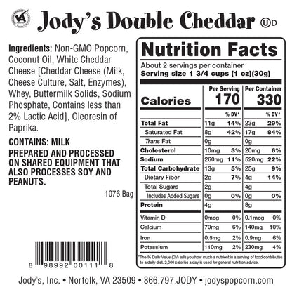 Double Cheddar Nutritional Info - 12 Count - Jody's Popcorn