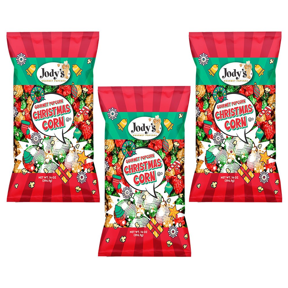 Jody’s Gourmet Popcorn Christmas Corn – Holiday Caramel Popcorn with Red & Green Candy Corn – Festive Sweet Snack, Christmas Treats, Giftable Popcorn – 3 Pack Bundle - Jody's Popcorn