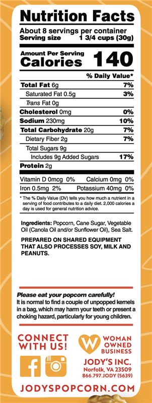 Jody's Simply Thin Kettle Corn Nutritional Info - 8 pack - Jody's Popcorn Gourmet Popcorn